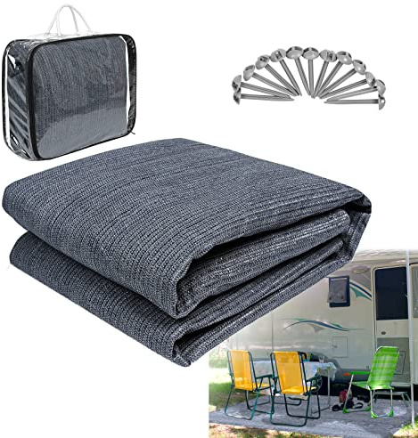 VA-Cerulean Vorzeltteppich 300x400cm Outdoor Teppich Campingteppich HDPE Zeltteppich Zeltunterlage Vorzeltboden mit Heringe,Tragetasche, Für Camping,Picknick, Grau Blau