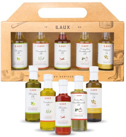 LAUX Öl Geschenkbox - 5er Set mit Olivenöl, Wallnussöl, Provence & Kräuter Knoblauch Öl - Salate & Herzhafte Gerichte - Geschenk-Idee zum Valentinstag (5x 40ml)
