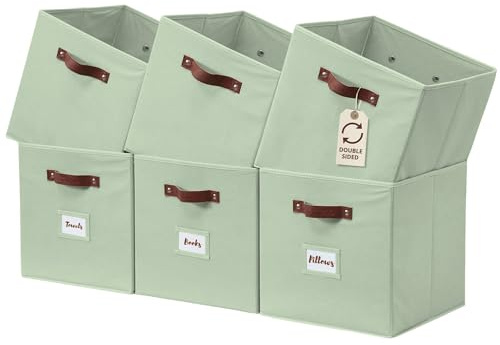 DECOMOMO Storage Bins, Cube Storage Bin with Labels, Fabric Storage Cubes for Shelves (10.5 x 11 / 6pcs, Sage Green)