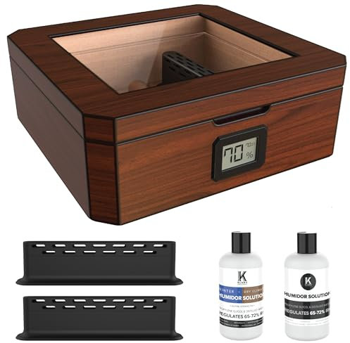 CASE ELEGANCE Humidor de escritorio MAG, acabado en nogal, capacidad para 20-30 cigarros, tapa de vidrio con sello magnético, forma de octágono, higrómetro digital, cedro español, marrón