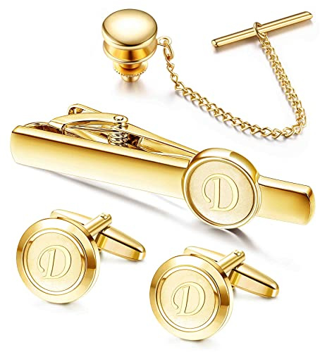 Jstyle Manschettenknöpfe und Krawattenklammer Set für Herren, personalisierbar, goldfarben, Edelstahl, Krawattennadel und Krawattennadel, Buchstabe A-Z, für Hochzeit, Trauzeugen, Ehemann, Vater,