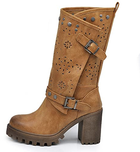 IF FASHION Stivaletti Tronchetti Da Donna Con Tacco Grosso Plateau Borchie Pelle Sintetica G669 camel N.38