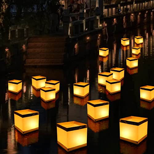 FuHigh 20Pack Paper Floating Water Lanterns,Gold+White Square Memorial Candle Lantern,Table Lanterns Decorative Outdoor for Weeding,Lawn,Pool,Wishing (20Pack Paper Lanterns with Candles)