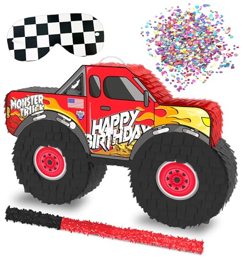 Jergrim Monster Truck Piñata, 4 Piece Set, perfect for Kids Birthday Parties, Race Car Party Supplies fits piñata candy and party favors (16”X10”) Durable! (Red Monster Truck)