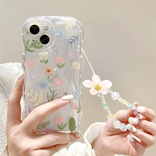 Rokmym Compatible avec Bracelet perlé Coque iPhone 13 Miroir Housse avec Glitter Perle Dragonne Chaîne Paillettes Bracelet Protection Wave Design Femme Fille Etui pour iPhone 13