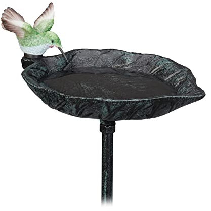 Relaxdays Vogeltränke Gusseisen, Deko Gartenstecker, H x B x T: 100,5 x 13,5 x 19 cm, Vogelbad, zum Stecken, dunkelgrün