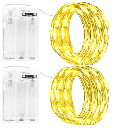 Gcstnn Lichterkette Batterie Timer, 2 Stück 5M 50LED Micro Fairy Lights IP65 Wasserdichte Kupferdraht Lichterketten für Zimmer Garten Krüge Flaschen Weihnachten Halloween In/Außen Deko DIY (Warmweiß)
