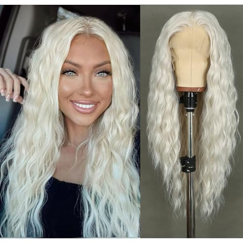 Safirewigs syntetisk spets framsida peruk platina grå 33 x 4 lösa vågiga peruker för kvinnor långt hår jul halloween värmebeständig 66 cm