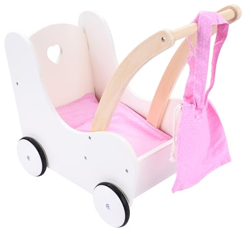Engelhart – 606015 – Eleganter Puppenwagen aus Holz – Rosa und Weiß – Maße: 50 x 28 x 46 cm – Ab 3 Jahre