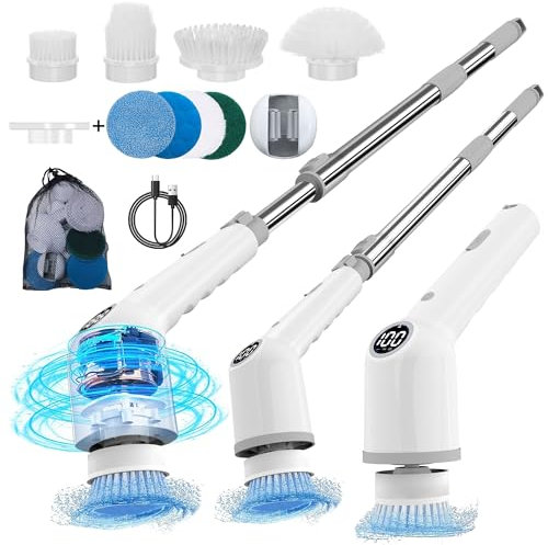 Wrischan 9 IN 1 Electric Spin Scrubber, 2024 Upgraded Power Scrubber Cordless, Electric Cleaning Brush with 8 Replaceable Brush Heads and Adjustable Handle for Tub Bathroom, Kitchen Floor, Car