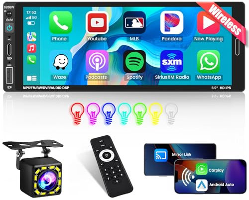 Inefala Autoradio Bluetooth 1 Din Compatibile con Wireless Carplay Android Auto 6,9 Pollici Touchscreen Stereo Auto Supporta Bluetooth/Mirror Link/FM Radio/USB/Tipo-C/EQ con Telecamera Posteriore