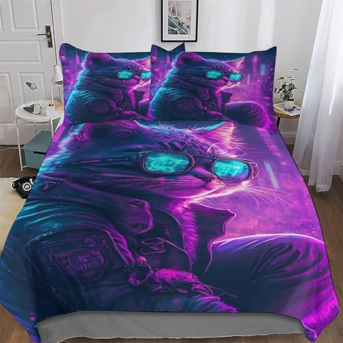 PAZZK Katze Bettwäsche 2teilig Bettbezüge Bettgarnitur Gebürstet Microfaser Für Jungen Mädchen Komfort Bettbezug Mit Kopfkissenbezug Und Reißverschluss Single (135x200cm)