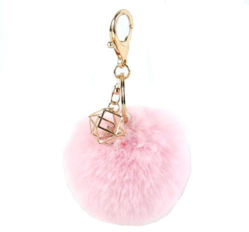 Wisafory Pompons Schlüsselanhänger mit Strass Kunstfell Taschenanhänger Flauschigen Plüsch Ball Keychain Schlüsselbund Bommel Anhänger Schlüsselring für Handtasche Schlüssel Rosa 6cm