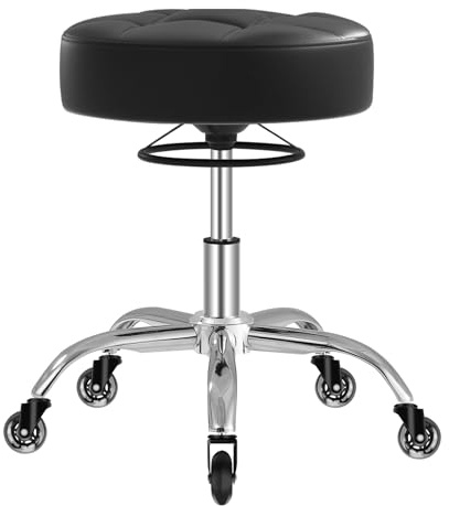Tabouret roulettes réglable en hauteur,avec anneau de levage, mousse épaisse, douce et confortable, avec roulettes 360°,tabouret bureau avec capacité de charge jusqu'à 180 kg,salon,spa et maison(Noir)