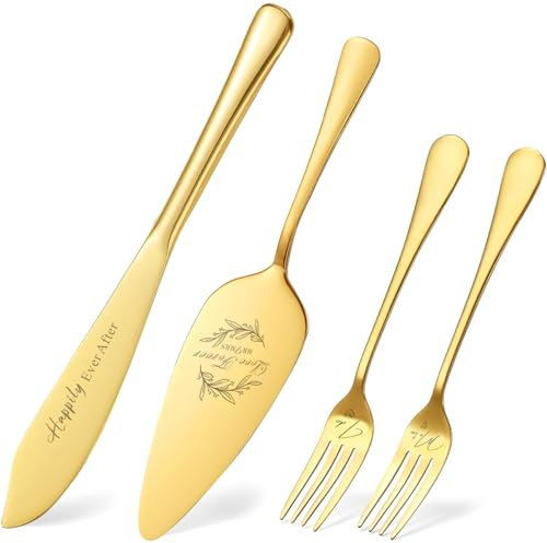 VARLKA Wedding Cake Knife and Server Set, Gold Cake Cutting Set for Wedding Bridal Shower Engagement Gifts for Couples