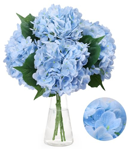 merakdoira Lot de 4 fleurs artificielles d'hortensia à longue tige - 50 cm - Grand toucher réaliste - Pour mariage, fête à la maison, centre de table, décoration de chambre et de bureau (bleu)
