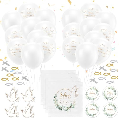 JWDMHSJ 120 Stück Kommunion Deko, Taufe Deko Junge Mädchen, Konfirmation Deko Servietten, Holz Fische Deko, Luftballons, Kommunion Taufe Tischdeko, Tischdeko für Taufe, Kommunion,Konfirmation