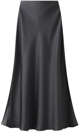 Onsoyours Femme Jupe en Satin Élégant Taille Haute Élastique Midi Jupes en Soie avec Fermeture Éclair Couleur Unie A Gris Foncé M
