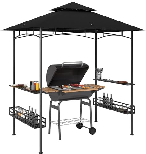 Outsunny 240x150cm Grill Gazebo Canopy 2-Tier Outdoor BBQ Shelter Dark Grey | 2 Side Shelves, Storage Baskets, Hook, Garden, Patio, Barbecue, Picnic