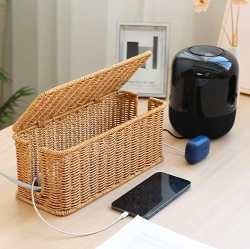 Yunlaishaocer Kabelbox,Handgemachte Kabelbox,Rattan Kabelmanagement Box,unter Schreibtisch Kabel Organizer Box für Tv Drähte Power Strip, kabelsalat verstecken Schreibtisch Steckdosenbox für Büro,Haus