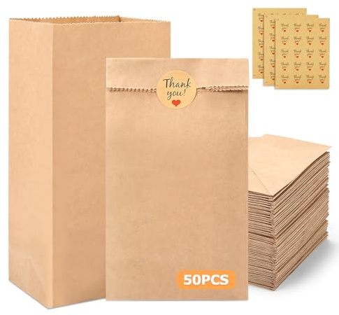 50 Stück kraftpapier tüten 9x18x5.5cm papiertüten klein mit 50 Aufkleber Butterbrottüten DIY Süßigkeiten Beutel Mitgebsel Tüten für Ramadan Kalender Ostern Hochzeit Geburtstag(50)