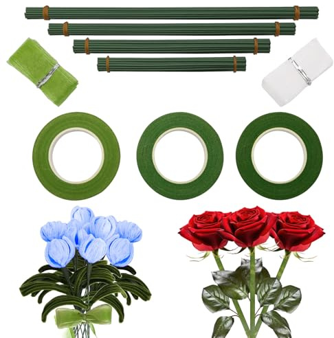 100 Stück Blumendraht Grün Set Floristikdraht mit 3 Floristenband & 2 Satinbändern, Basteldraht für Blumenarrangements, DIY Bouquets, Künstlichen