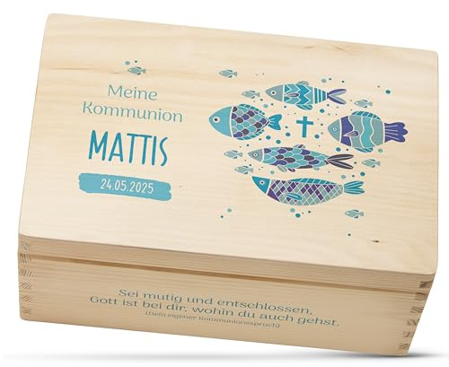 Amari® Personalisierte Holzkiste (Glaubensfsch) | Erinnerungsbox aus Holz zur Taufe, Kommunion, Konfirmation, Firmung, Ostern | Geschenk für Mädchen & Jungen
