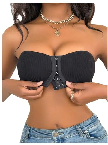 GORGLITTER Women's Strapless Bandeau Bras Wireless Front Fastening Push Up Seamless Comfy Bralettes for Tube Dresses Black Large