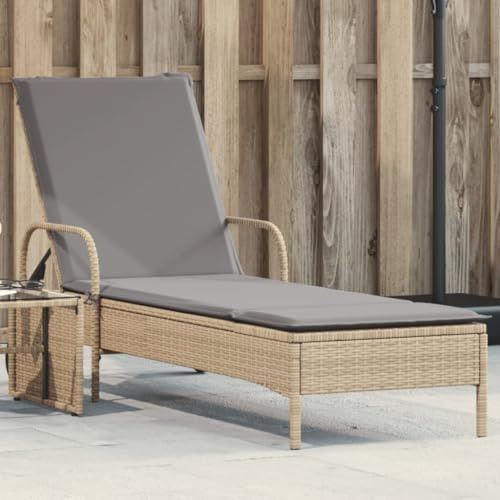 Myheimly Sonnenliege Gartenliege Relaxliege Gartenmöbel Liege Strandliege mit Rollen und Auflage Beige Poly Rattan Beige und Grau