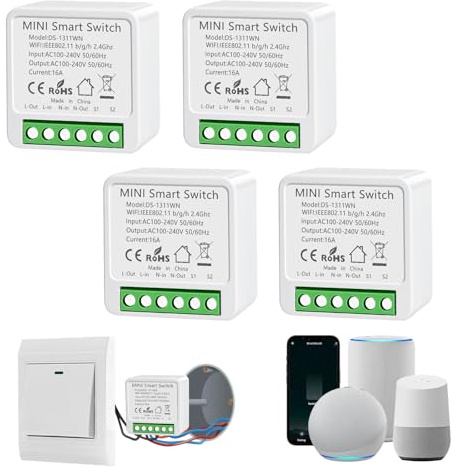 4 Stück Smart Lichtschalter Modul, Alexa Schalter Smart, Mini Smart Switch | WLAN Schalter Kompatibel mit Alexa/Google, Alexa Lichtschalter mit Tuya/Smart life, 2.4G, Neutralleiter Erforderlich