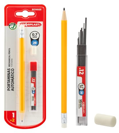 Starplast Portaminas Automático con 12 Minas Grafito 0.7 2B y Goma Borrar 4 Colores, forma lápiz, dureza, escolar, Recambios, escritura, dibujo, original, novedad - AMARILLO