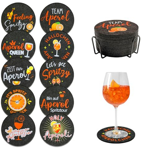 Lompyeu 10 Dessous de Verre Ronds en Feutre pour Verres Aperol Spritz avec Organisateur, Absorbants, Dessous de Verre pour Bière, Cadeau Aperol - Décoration pour Table de Salon