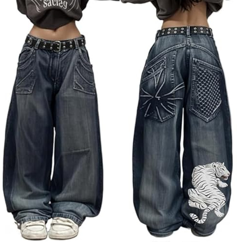 Women Y2k Hip Hop Jeans Loose Fit High Waist Stretchy Wide Leg Cargo Combat Denim Pants Casual Streetwear Vintage Grunge Skateboard Stretchy Baggy Jeans with Pockets