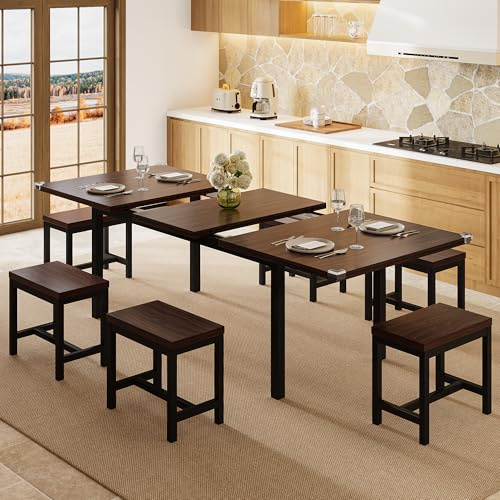 Einhomn 7-Piece Dining Table Set, 63 Extendable Kitchen Room Table with 6 Stools, Mid Century Modern Dinner Table with Metal Frame & MDF Board, Space-Saving, Easy Assembly, Espresso