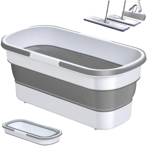 Cesta de Lavado Plegable, Cubo Plegable de 20.0 x 8.0 in, Cesta de Lavado Rectangular de Gran Capacidad con asa, Cubo para fregona Que Ahorra Espacio con Ruedas móviles, Limpieza Gris y blan