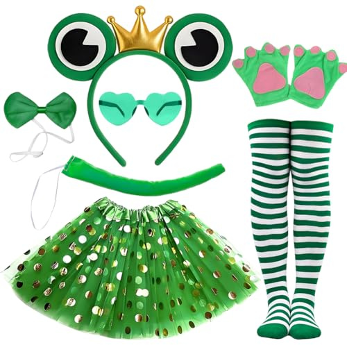 Frog Costume Set, 7Pcs Green Frog King Costumes with Ears Headband Tail Bow tie Tutu Skirt, Heart Sunglasses Socks & Gloves for Girls Women Animal Carnival Cosplay Halloween Fancy Dress Party
