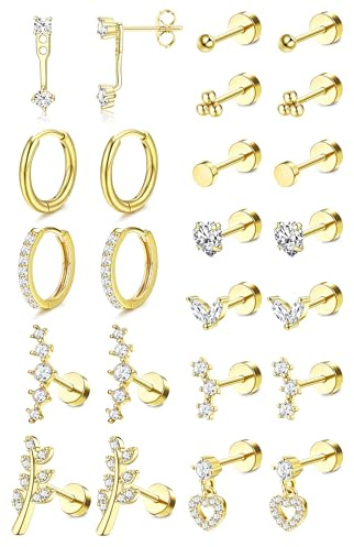MILACOLATO 12 par helixpiercingar kirurgiskt stål örhängen piercing öronörhängen guld vattentäta flatback örhängen allergivänliga små huggie kreoler brosk rook tragus conch piercing öronsmycken, 20G