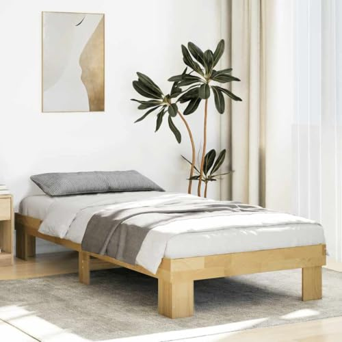 QUAHEAS Massiv träsäng 75 x 190 cm, ekträ, sängram med ribbotten, förvaringsutrymme, plattformssäng för sovrum, naturfärger