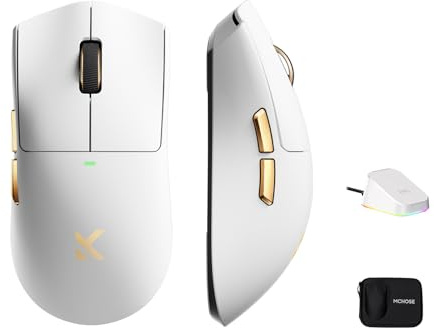 MCHOSE K7 Ultra Souris Gaming sans Fil, Station de Charge Magnétique RGB | 42 000 DPI, Capteur PAW3950, Dual 8K Polling, Légère 59 g, sans fil BT/2,4G/Filaire, Batterie 500 mAh, PC/Mac, Blanc-Or