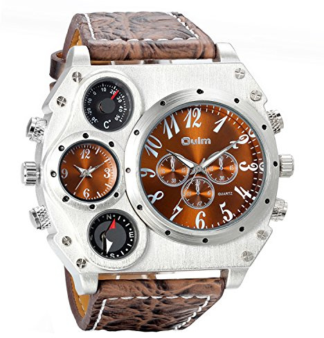 Avaner Men's Leather Wrist Watches: Big Face Dual Time Zone Oversized Large Dial Leather Strap Analog Quartz Watch