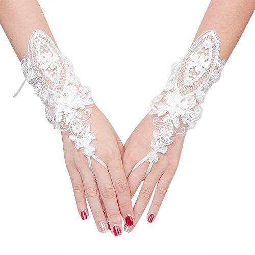 IBLUELOVER Gants Mariage Blanc Gant Déguisement Femme Mitaines Court Exquis Gants en Dentelle avec Lacet Accessoires Robe Manches Mariée Wedding Soirée Banquet Performance Cérémonie Halloween