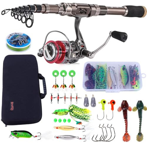 Sougayilang Angelrute und Rollen-Kombinationen – Kohlefaser-Teleskop-Angelrute – Spinnrolle 12 + 1 BB mit Tragetasche für Salzwasser und Süßwasser Angelausrüstung Kit (Silber 2,4 m -3000)