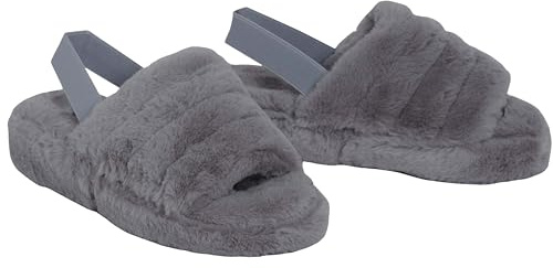 shelikes Womens Sliders Ladies Fluffy Faux Fur Peep Toe Warm Winter Slipper