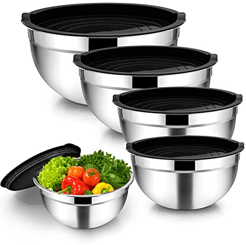 Homikit Stainless Steel Mixing Bowls Set of 5, Metal Salad Bowls with Lids | Black Airtight Lids, Nesting for Easy Storage, Healthy for Kitchen Baking/Serving/Cooking/Prepping, 0.7/1/1.5/2.6/4.6L