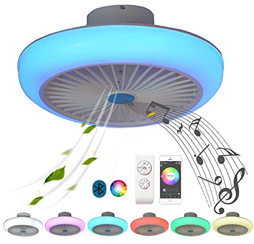 VOMI Flach Ventilator Decke mit Licht Deckenlampe RGB Farbwechsel Bluetooth Lautsprecher Dimmbar Fernbedienung Deckenventilator mit Beleuchtung Lampe Ultra Leise Deckenleuchte Musik LED APP Steuerbar