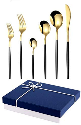 36 stücke Edelstahl Geschirr Tischbesteck Set Spiegel Gabel Löffel Messer Set Home Abendessen Sets Küchendegks Löffel Messer Set Eco essgeschirr (Color : 30pcs black gold)