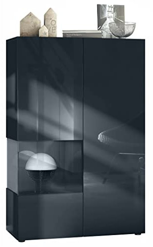 Vladon Vitrine Morena V2, Made in Germany, Standvitrine mit 2 Türen und Glaseinsatz, Korpus Schwarz matt, Fronten Schwarz Hochglanz, Cube Schwarz Hochglanz (91,5 x 136,5 x 37 cm)