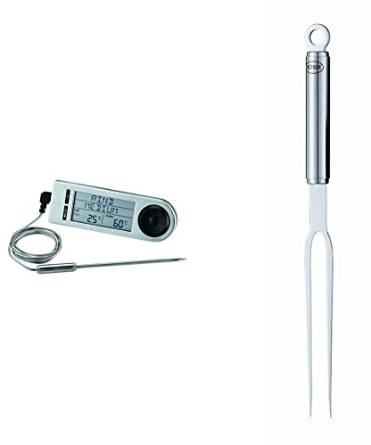 RÖSLE Bratenthermometer digital & Aufschnitt- und Vorlegegabel, Hochwertige Gabel zum Servieren von Fleisch, Wurst und Käse, Edelstahl 18/10, Länge 35 cm, Spülmaschinengeeignet