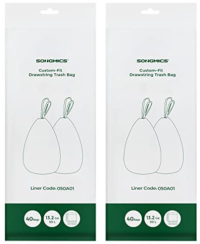 SONGMICS Bolsas de Basura Resistentes, Bolsas de Basura de Cordón para Cubos de Cocina de 50 L, Preconfeccionadas, Código de Bolsa 050A01, 2 Rollos, 80 Unidades, Blanco KRB050A02