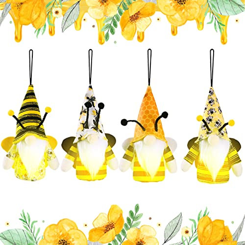 FZQBEY 4 Stück Frühling Honigbiene Biene Wichtel mit Lampe, Handgefertigte Gefüllte Gesichtslose Puppe Zwerg Dekorationen Frühlingsdeko, Honigbiene Deko für Home Farmhouse Kitchen Decor (A)